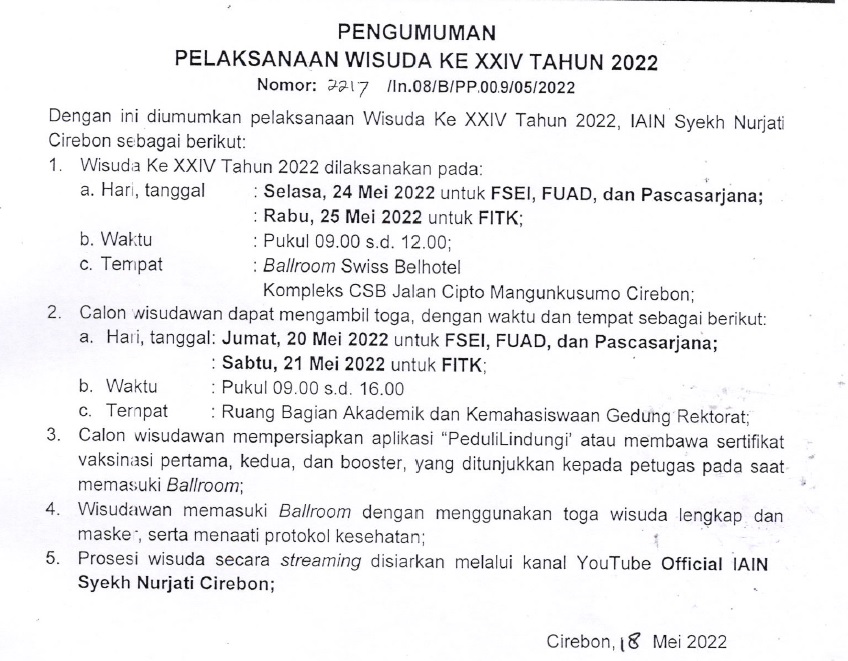 PENGUMUMAN PELAKSANAAN WISUDA KE XXIV IAIN SYEKH NURJATI CIREBON TAHUN 2022