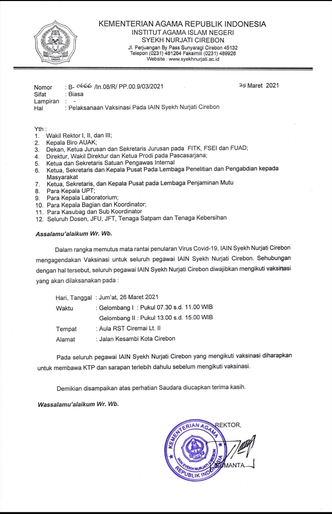 Surat Edaran Pelaksanaan Vaksinasi IAIN Syekh Nurjati Cirebon