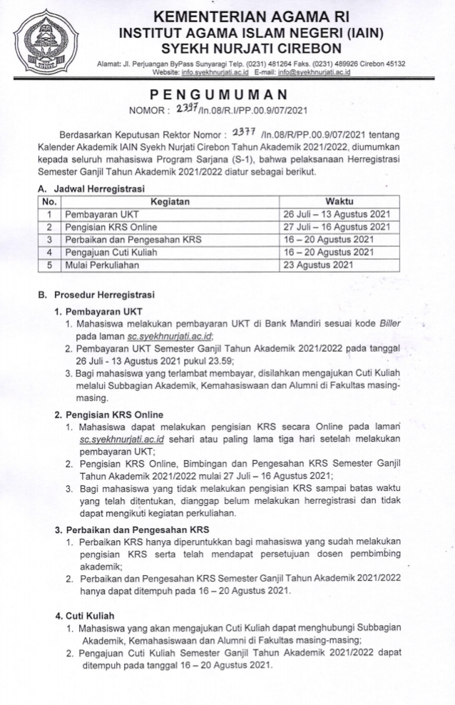 Her-registrasi Semester Ganjil Tahun Akademik 2021/2022